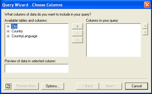 Microsoft Query, Choose
Columns