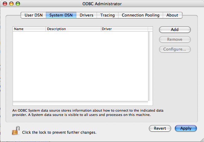 ODBC Administrator Main
Panel Dialog