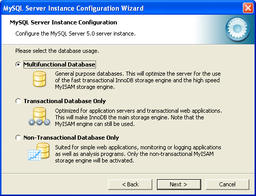MySQL Server Instance Configuration
Wizard: Usage Dialog
